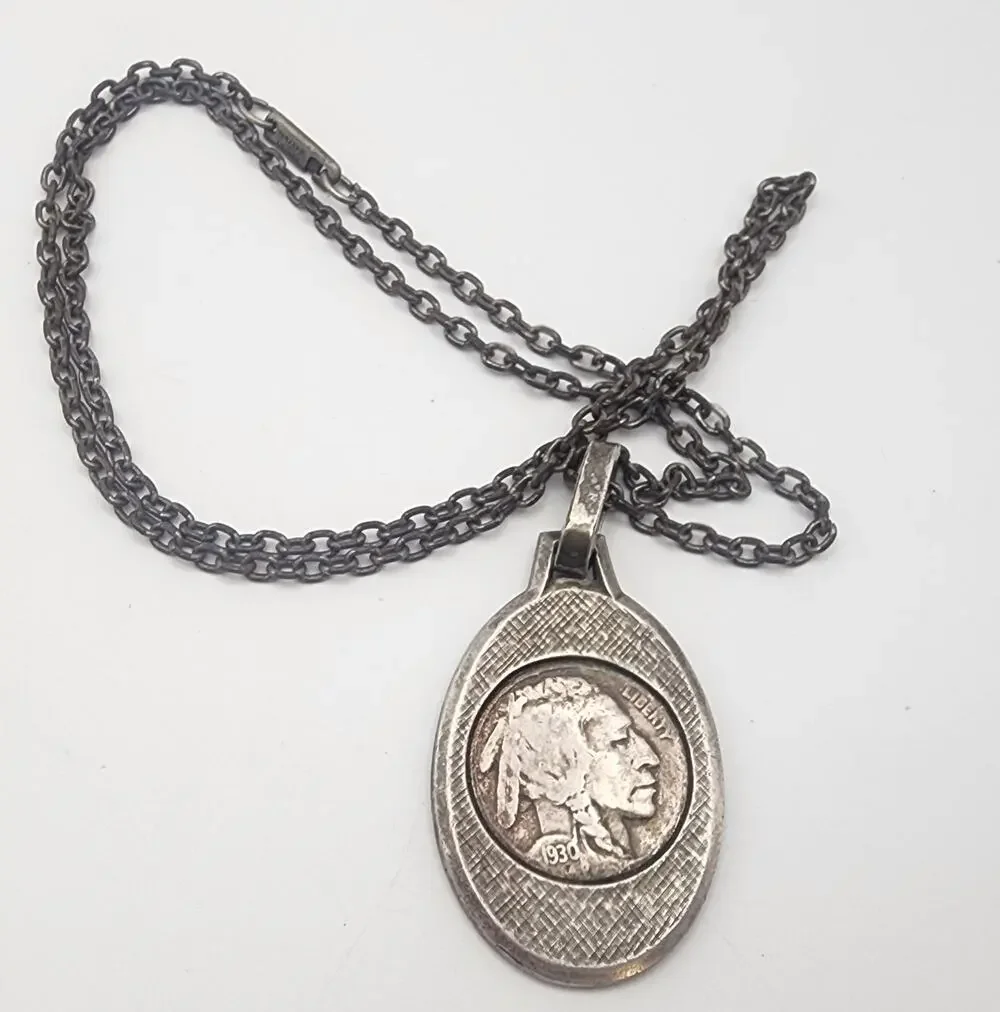 Vintage 1930 Indian Head Nickel Silver Pendant Necklace with Chain Jewelry